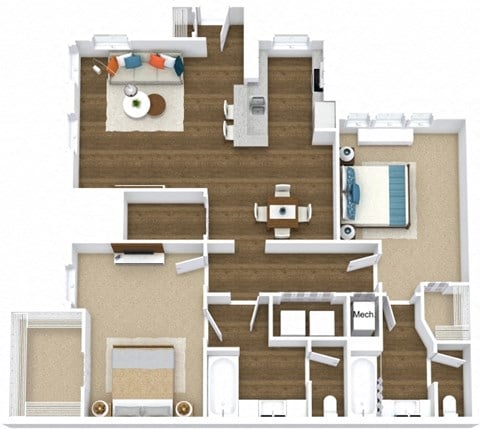 Floor plan for 2 beds, 2 baths, 1179 sqft